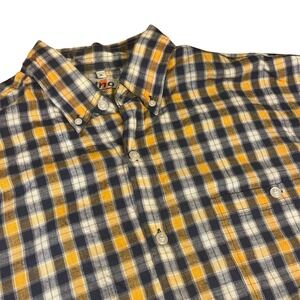 Uno Mens XL Plaid Button Down Shirt Short Sleeve Cotton Yellow Navy Blue